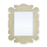 Decorative organic raffia mirror with unique shape.