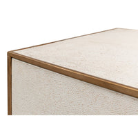 Modern end table corner detail with metal trim.
