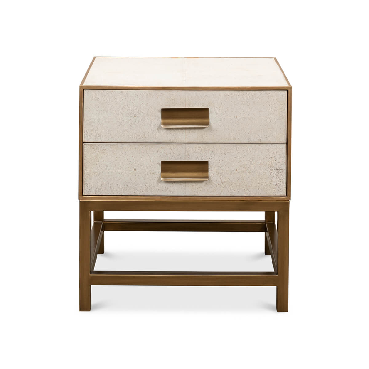 Front view of modern end table with drawers.