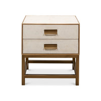 Front view of modern end table with drawers.