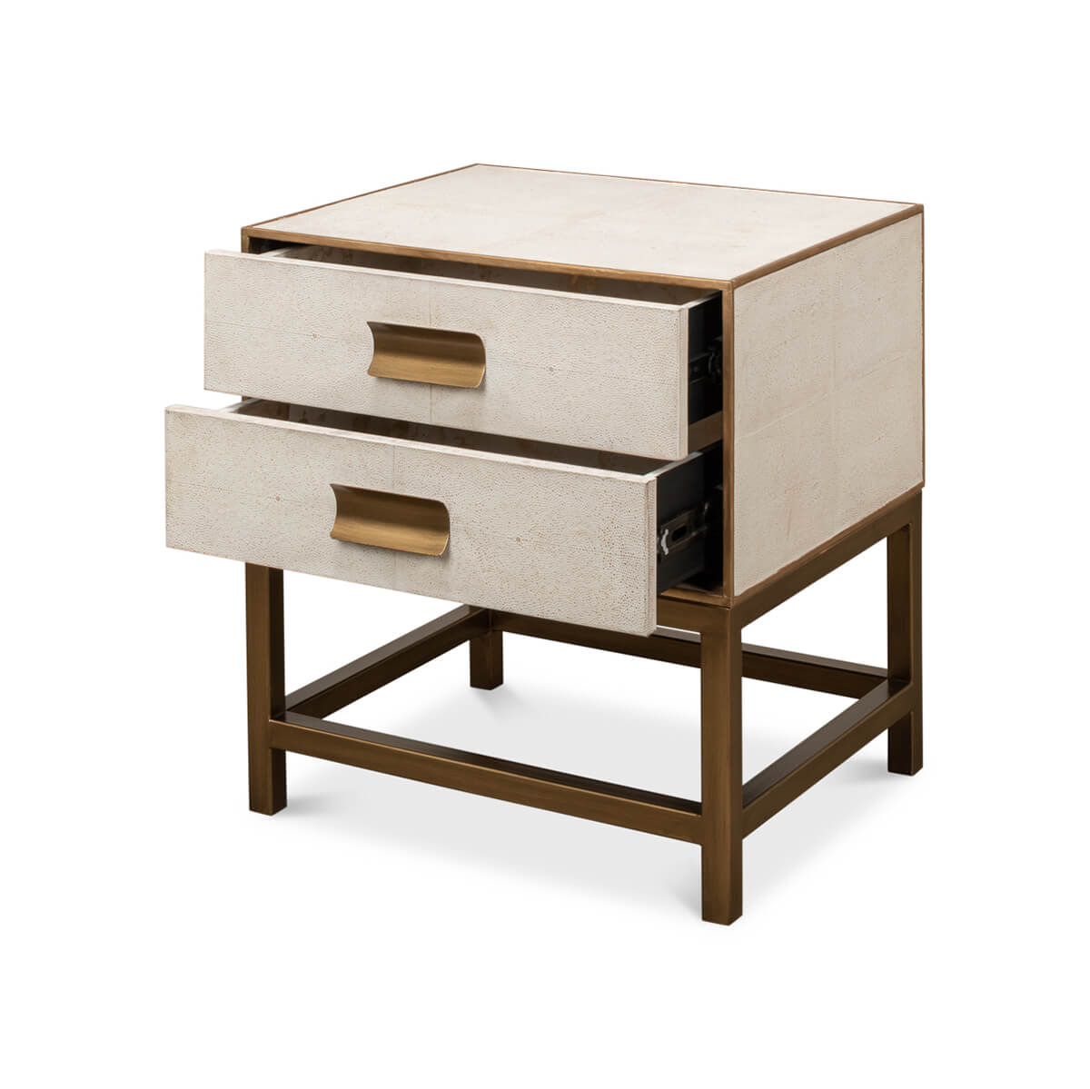 Modern end table with open drawers, right angle.