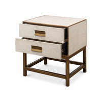 Modern end table with open drawers, right angle.