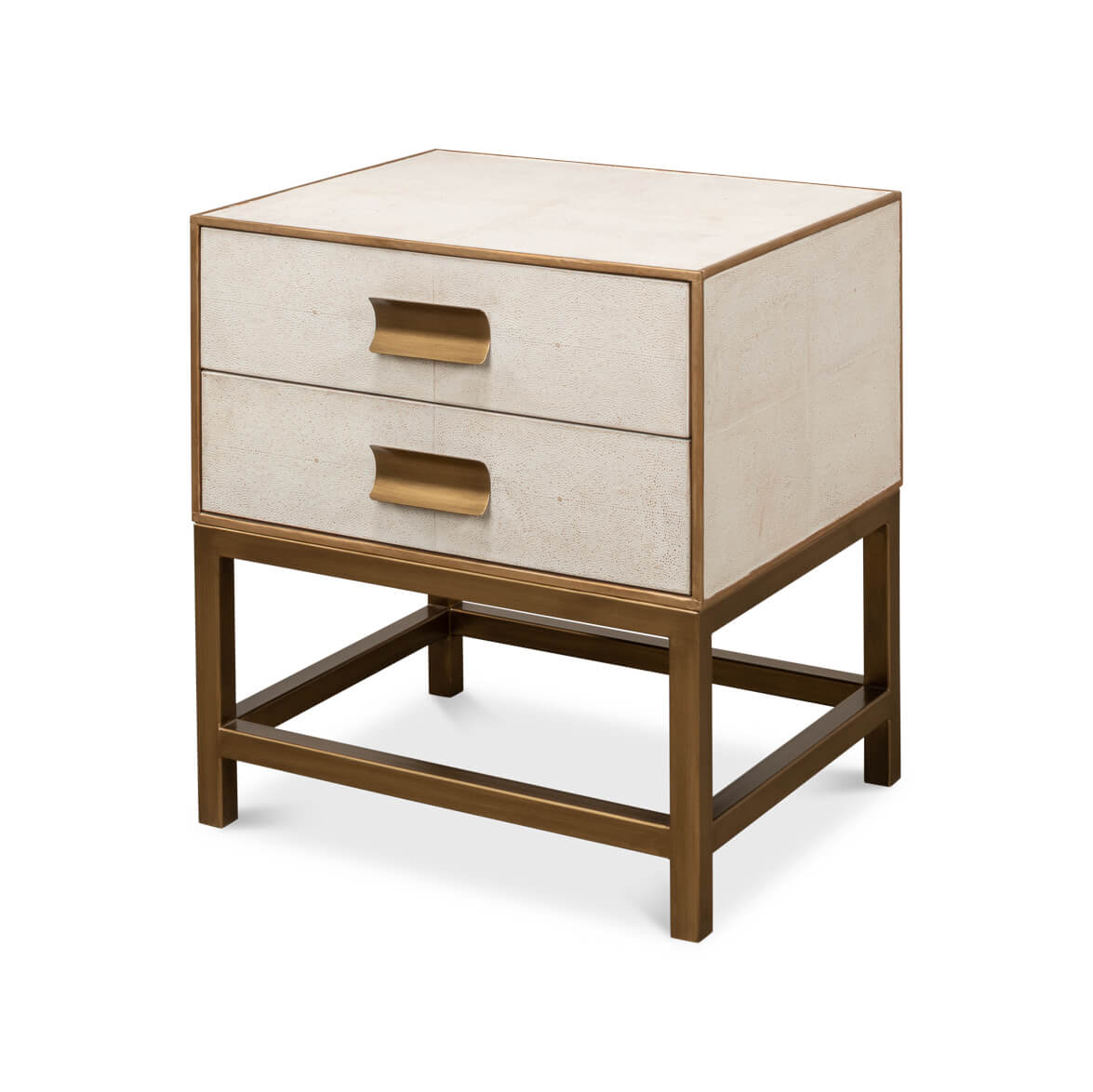 Modern end table angled view with two drawers.