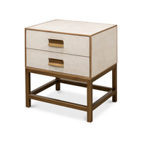 Modern end table angled view with two drawers.