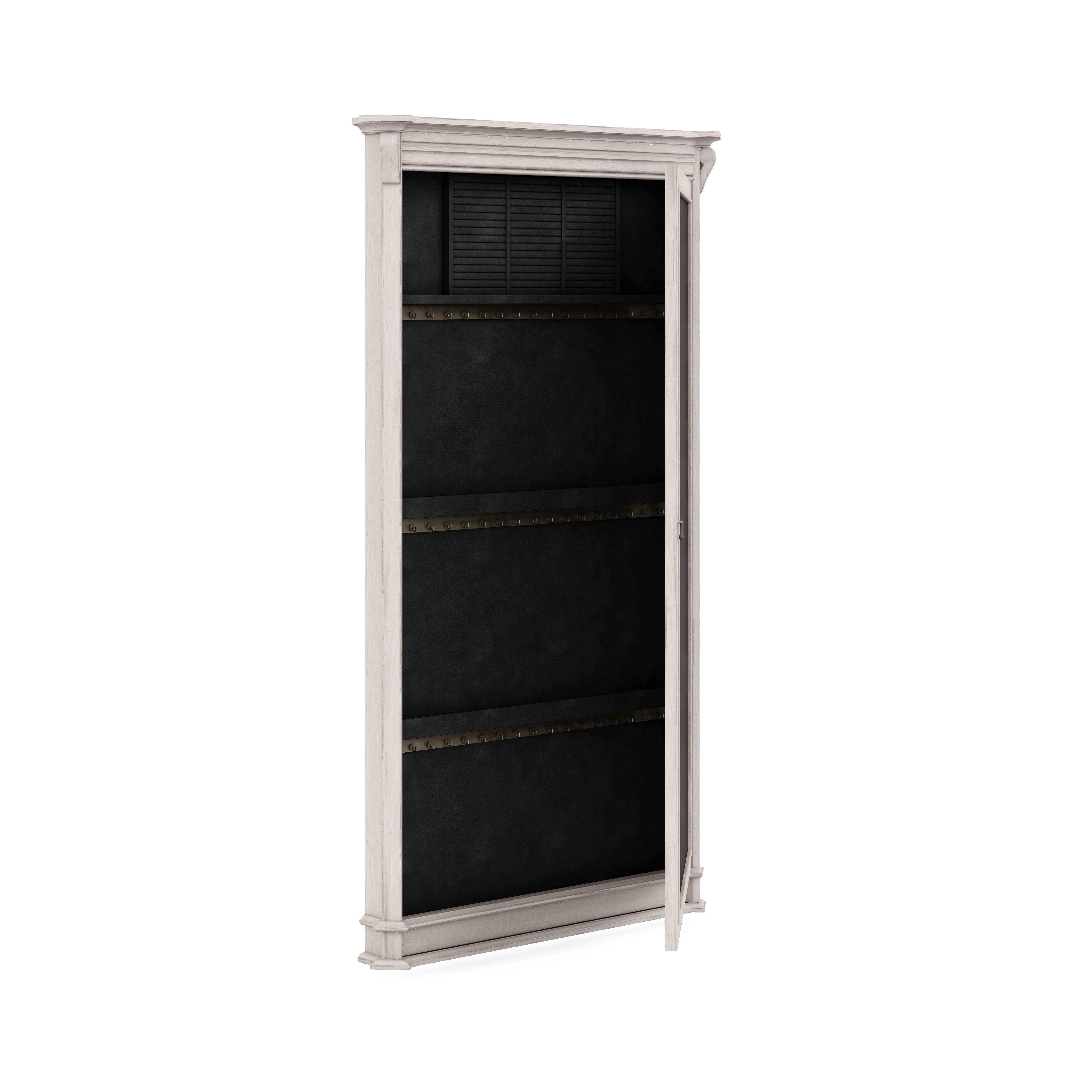 Floor mirror opened to reveal black felt jewelry storage