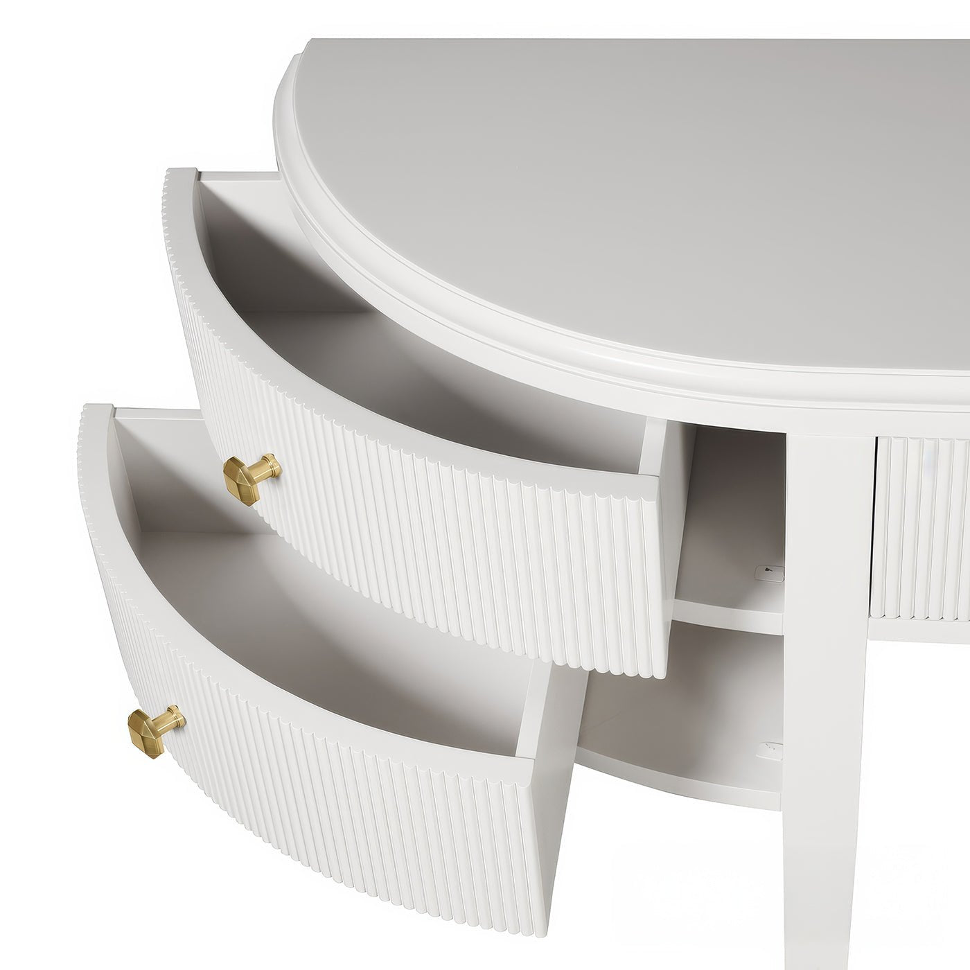 Open drawers of console vanity showing curved design.