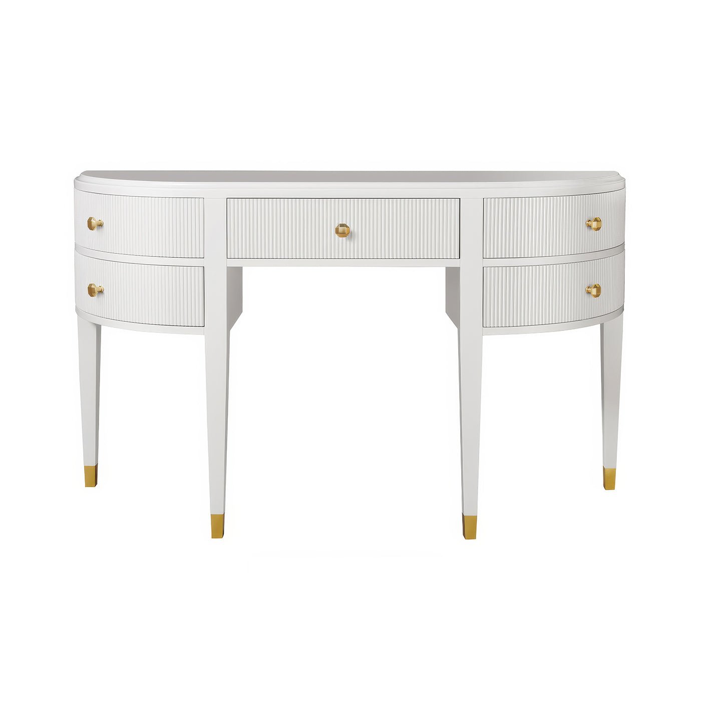 White art deco console vanity with gold accents.