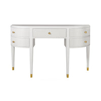 White art deco console vanity with gold accents.