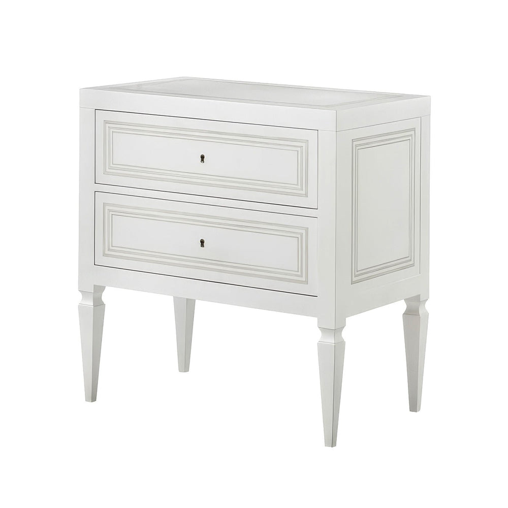 White Italian neo classic bedside chest with two drawers.