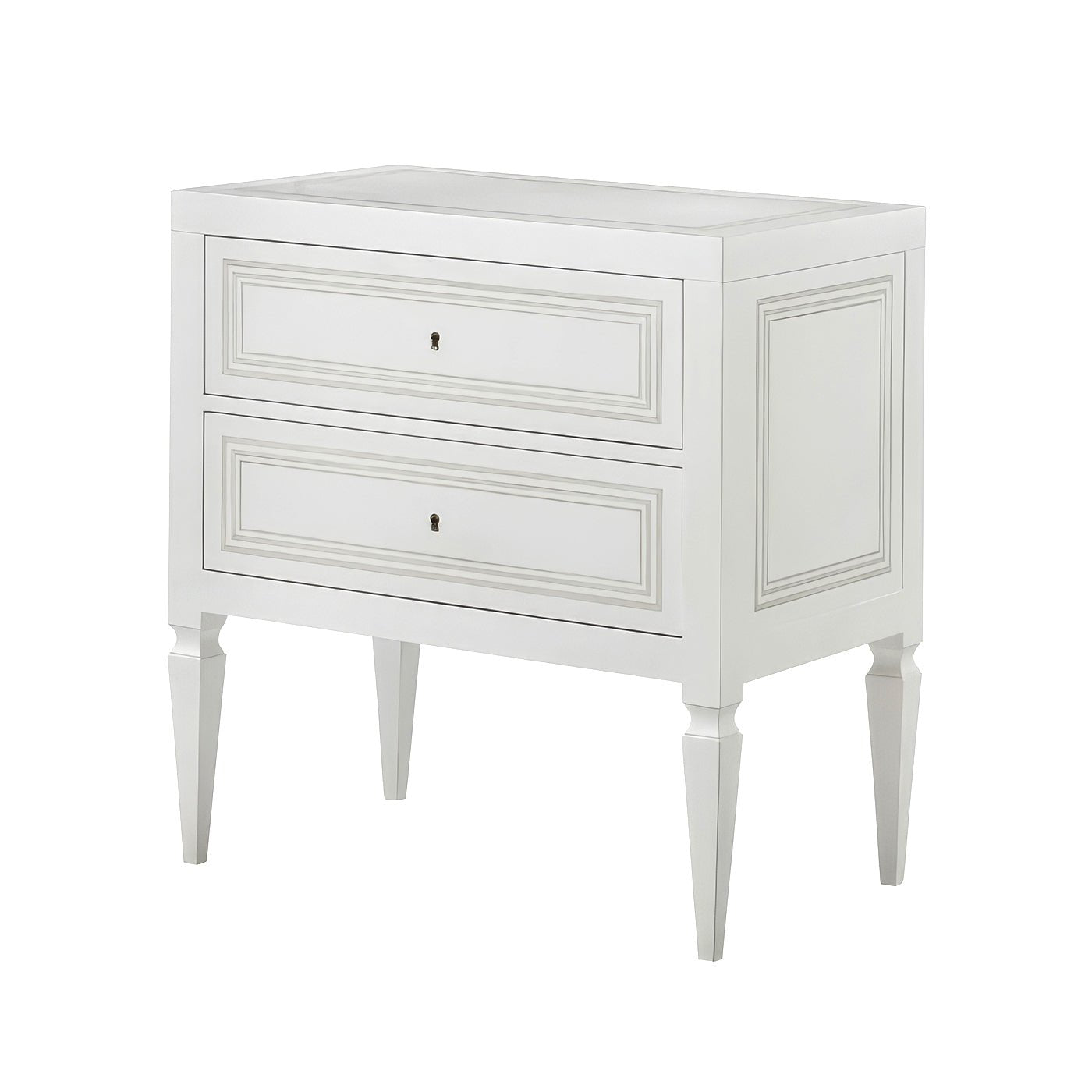 White Italian neo classic bedside chest with two drawers.
