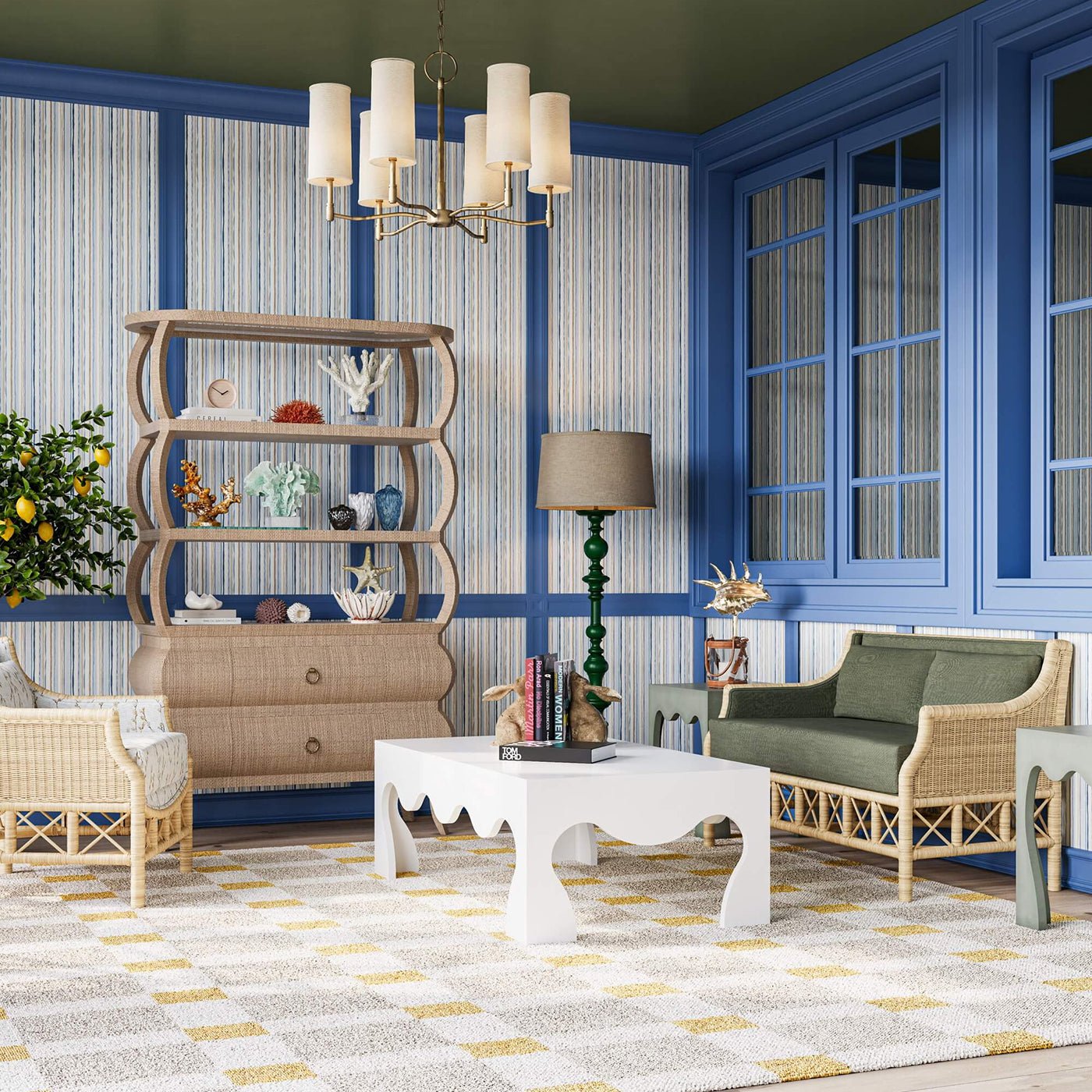 Coffee table in blue living room with wicker furniture.