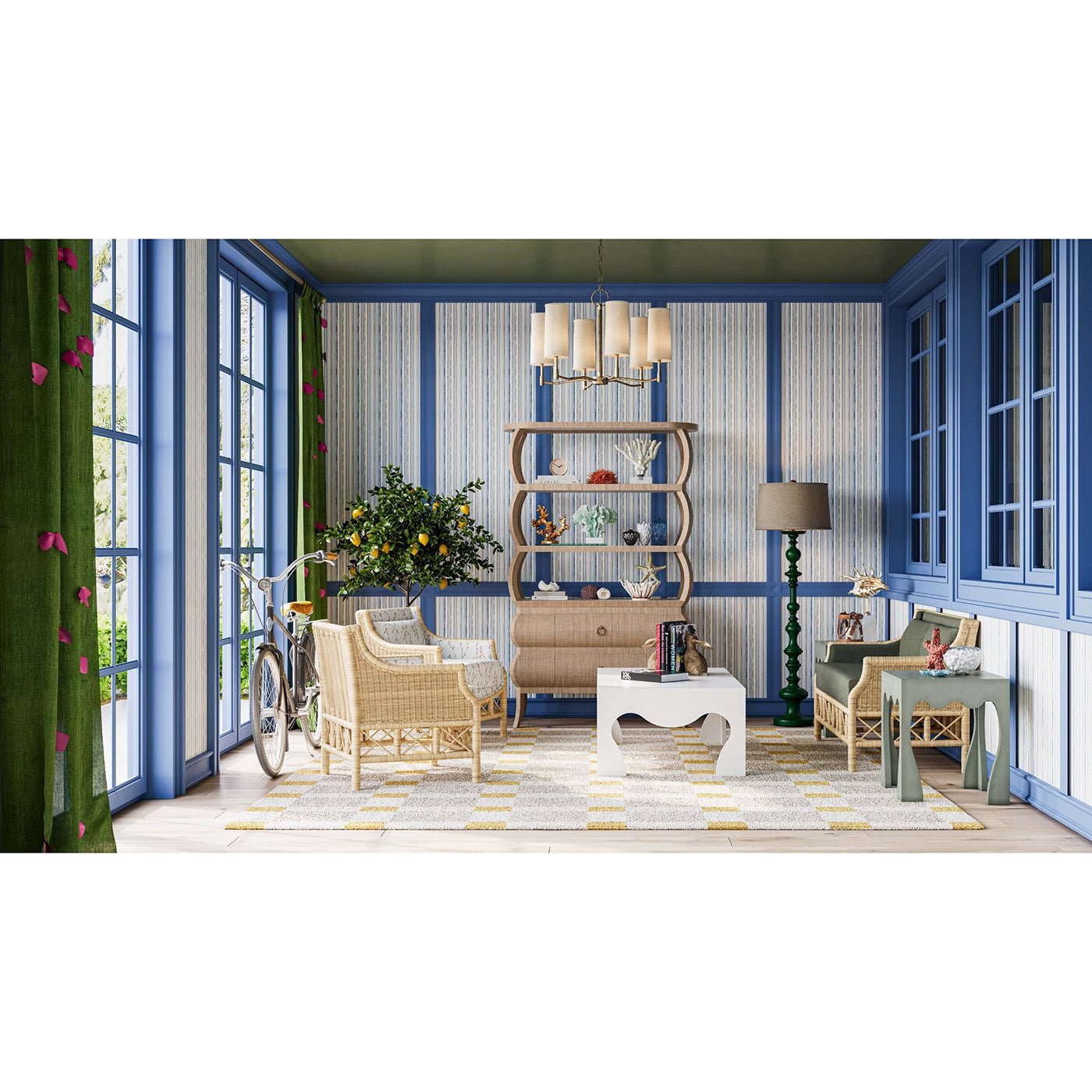 Coffee table styled in colorful room with wicker chairs.
