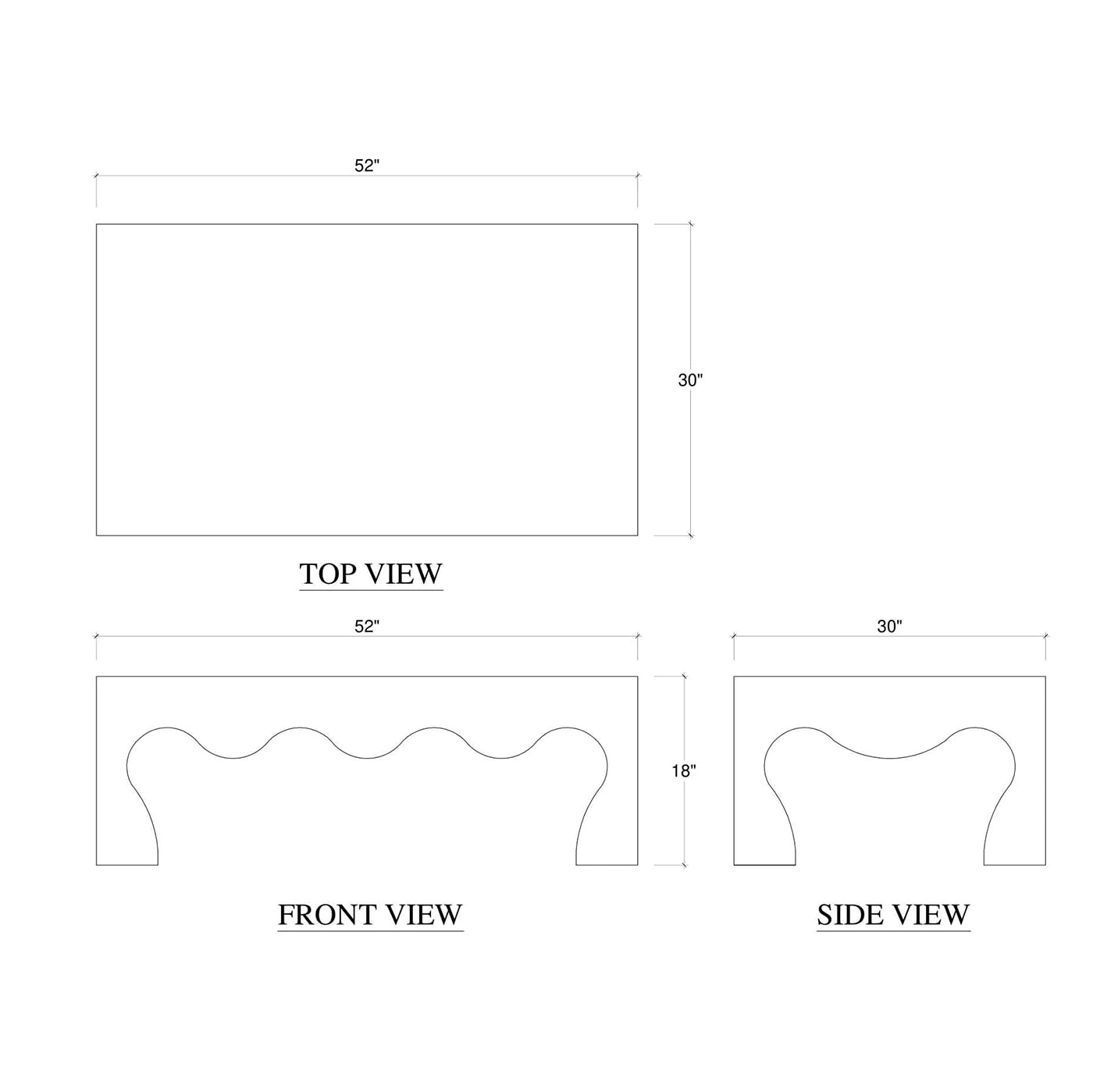 Dimensions and line drawings of modern coffee table.