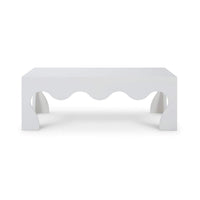 Front view of modern coffee table with scalloped edges.