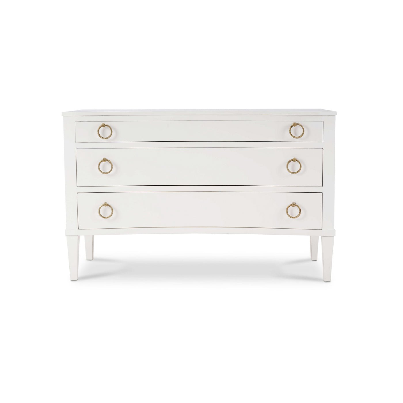 Front view of white neo classic incurved commode.