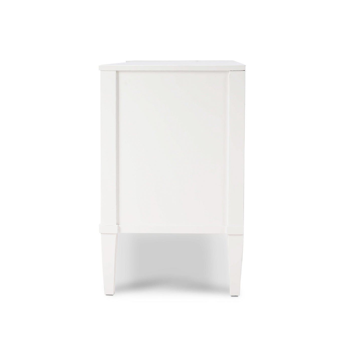 Side view of white classic incurved commode.