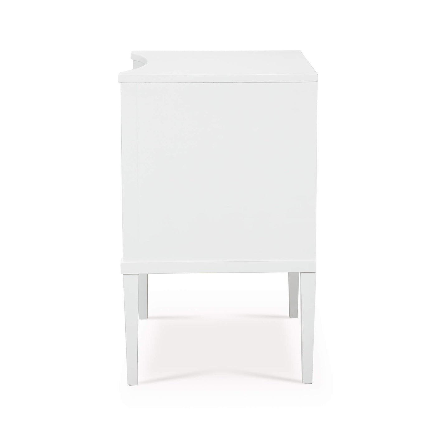 Side view of white nightstand, no handles visible.