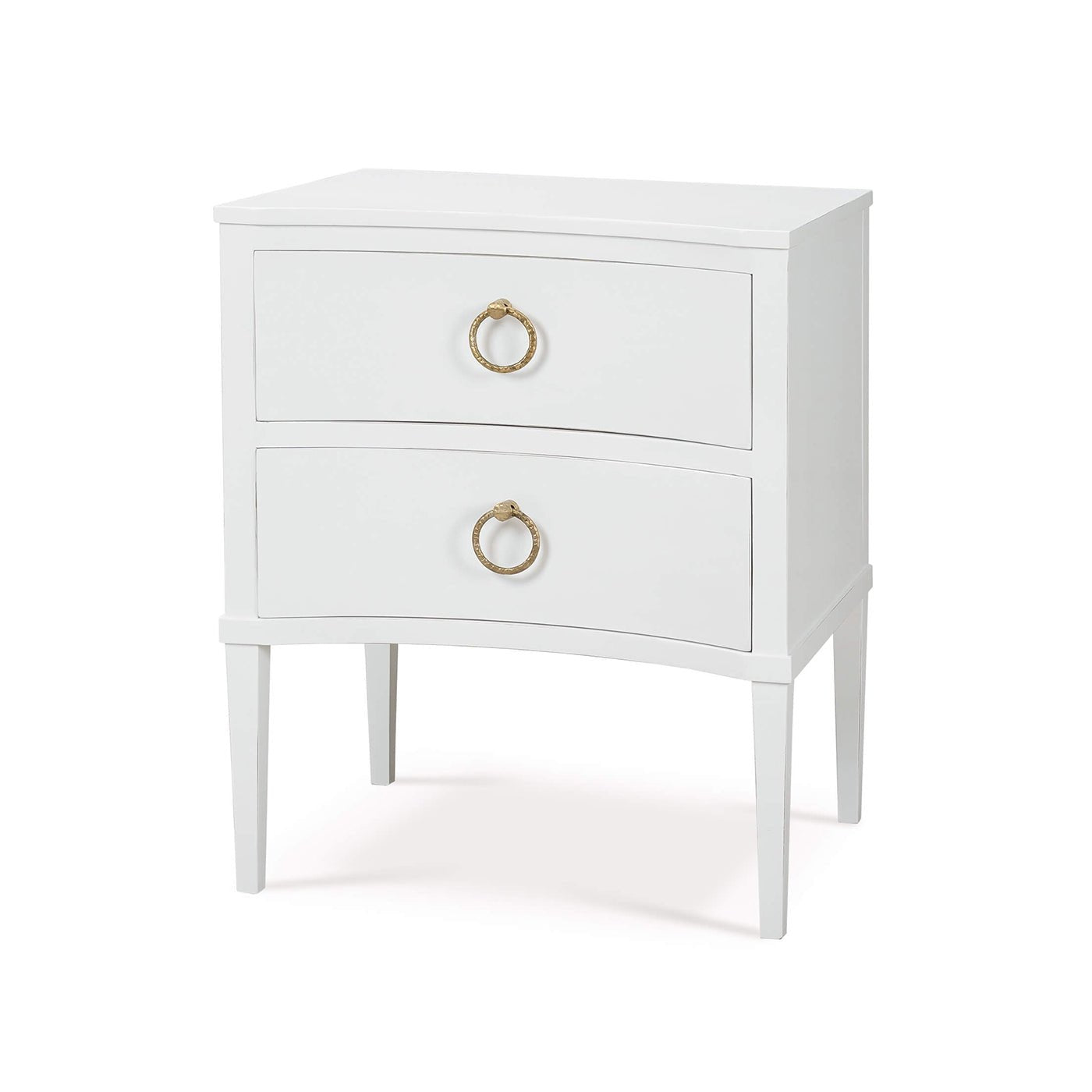 White nightstand, two drawers, angled view.
