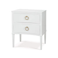 White nightstand, two drawers, angled view.