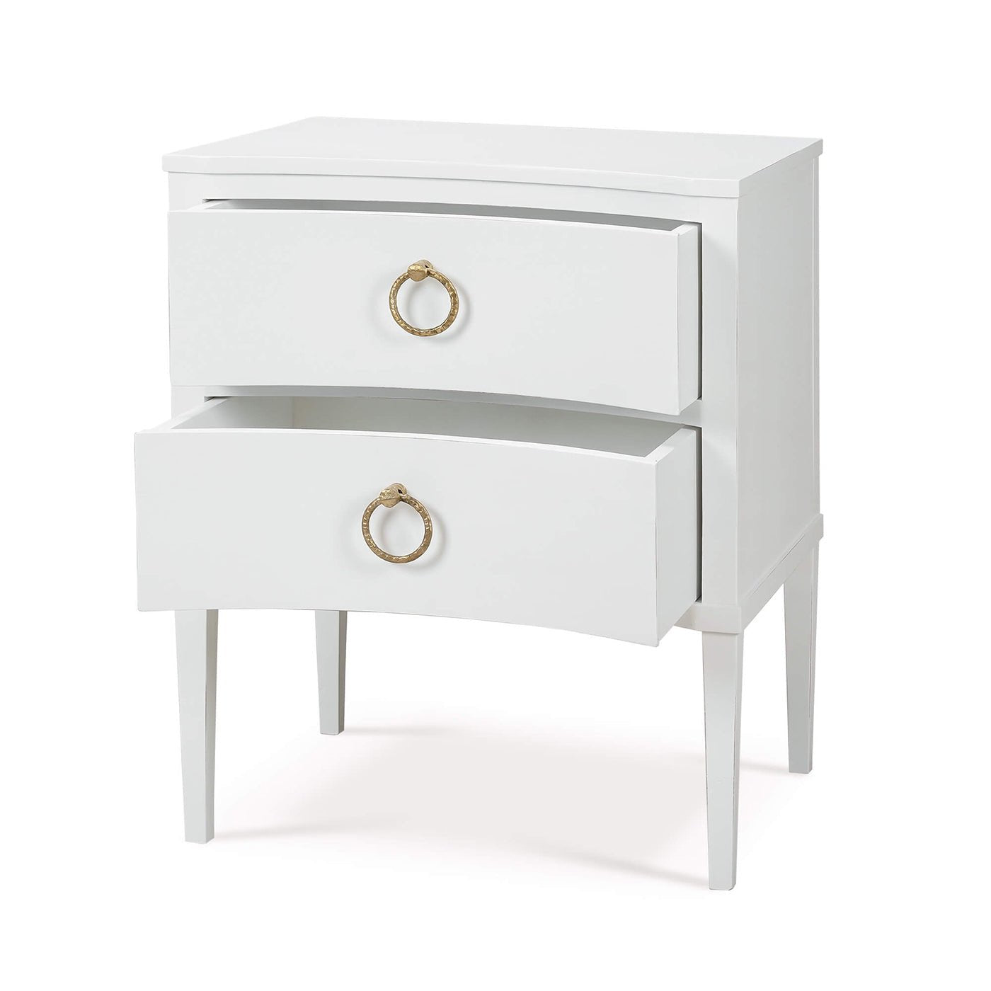 White nightstand with open drawers, side angle.