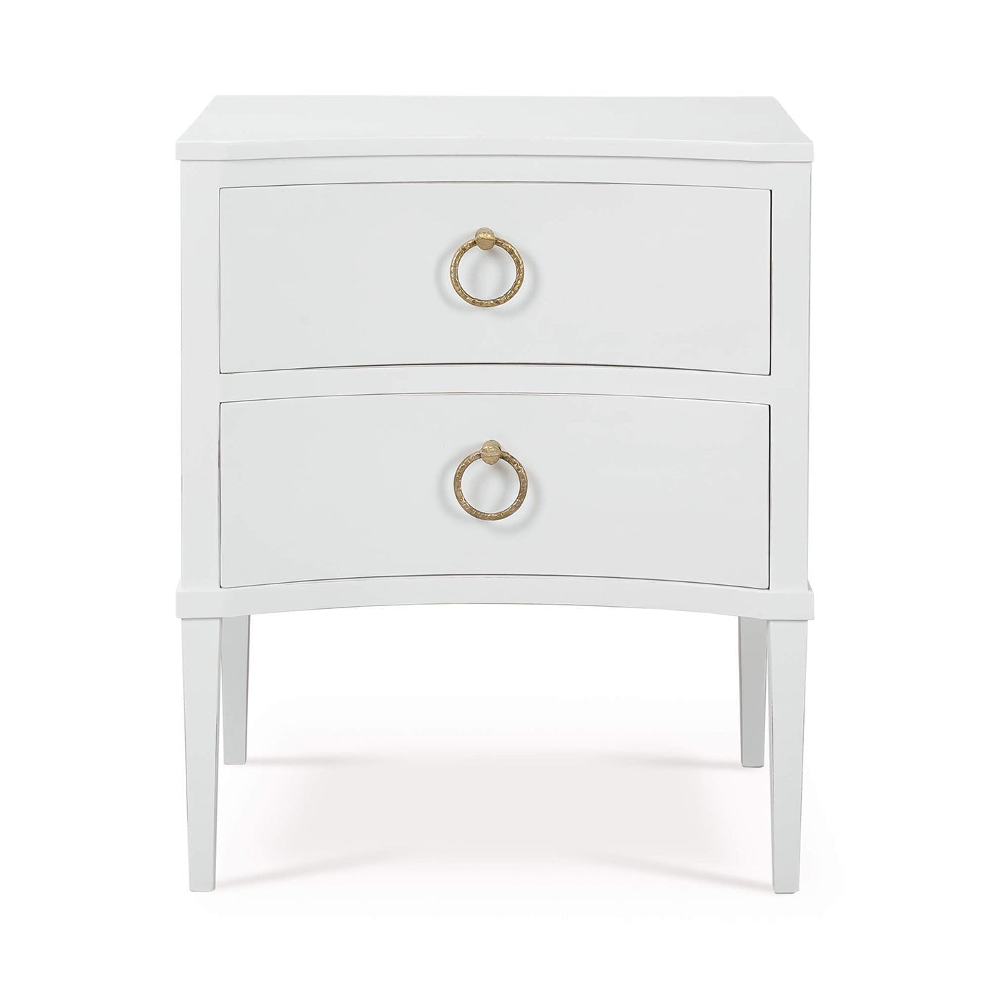 Front view of white nightstand with gold handles.