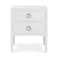 Front view of white nightstand with gold handles.