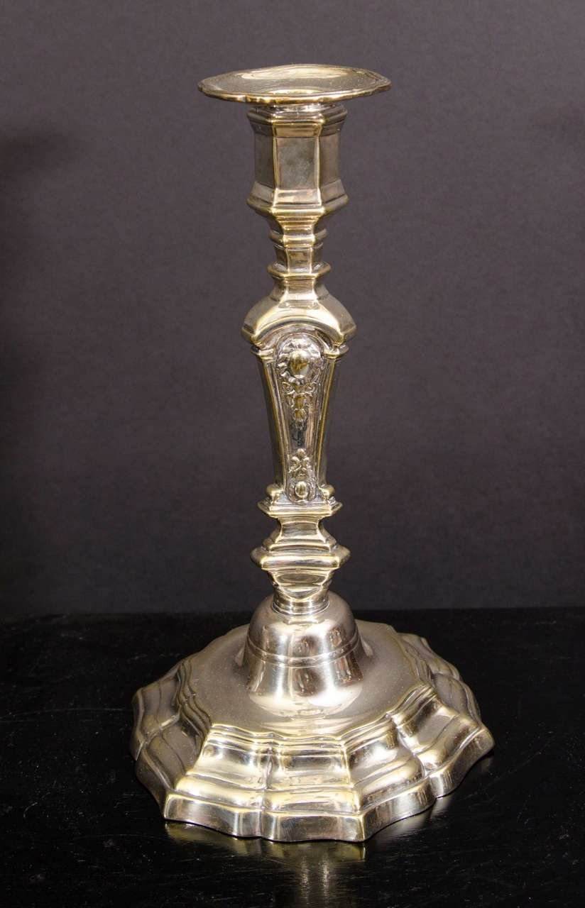 Single Louis XIV silvered bronze candlestick, left profile.