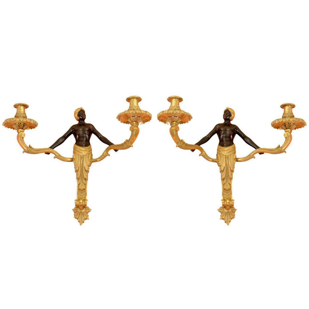 Pair of Louis XV bronze sconces, detailed view.