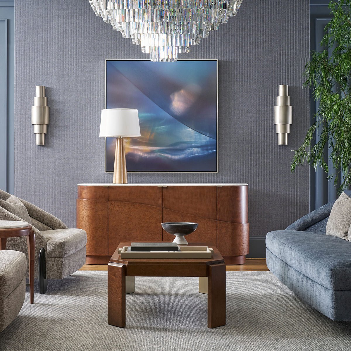 Elegant living room featuring Art Deco table lamp.