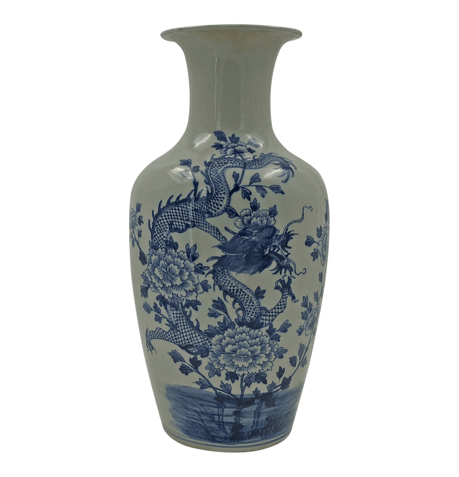 Single blue dragon vase, front view, Chinese porcelain.