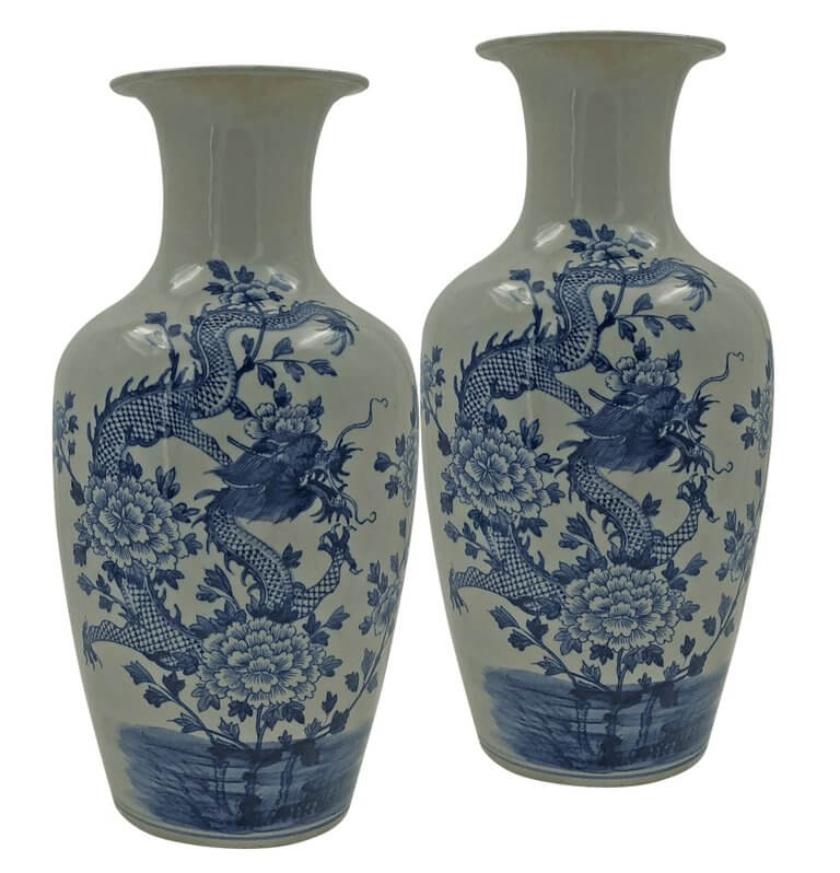 Pair of blue and white Chinese porcelain dragon vases.