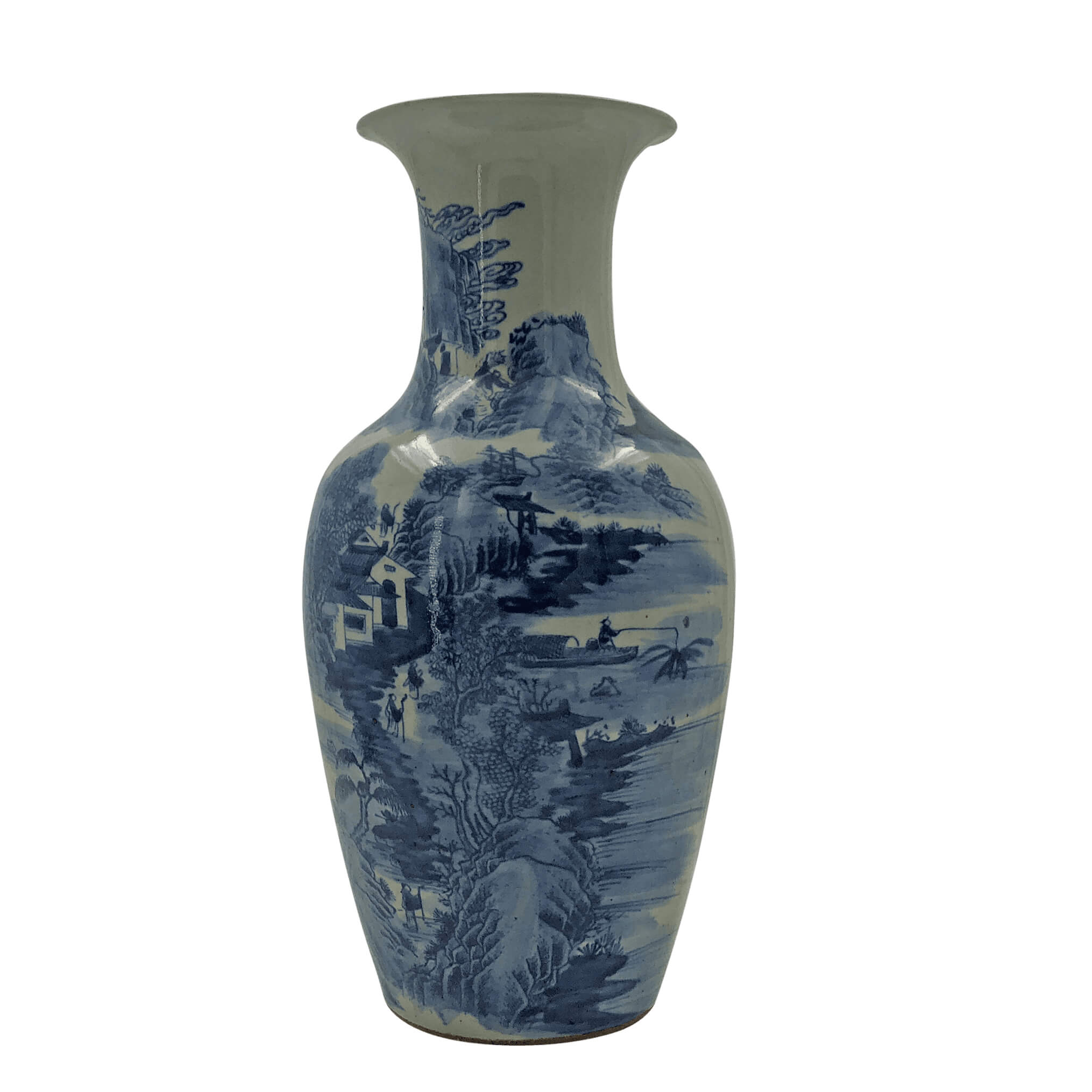 Chinese porcelain vase, intricate mountain and tree landscape.
