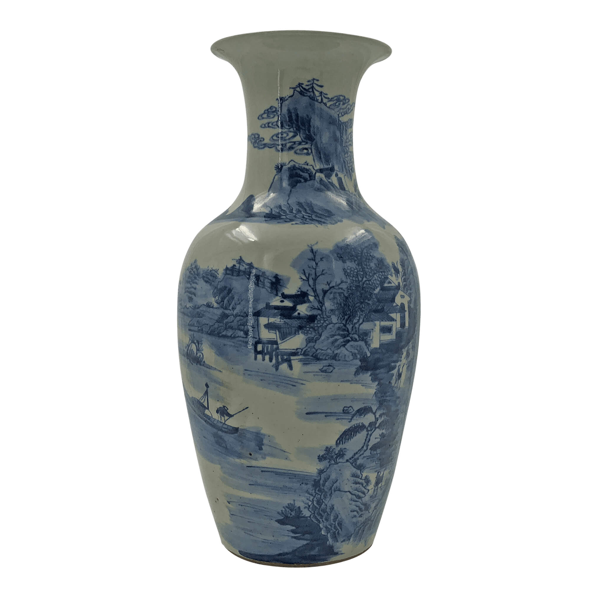 Chinese porcelain vase, serene waterfront with architecture.
