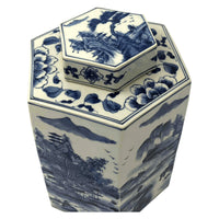 Top view blue and white tea canister floral lid.