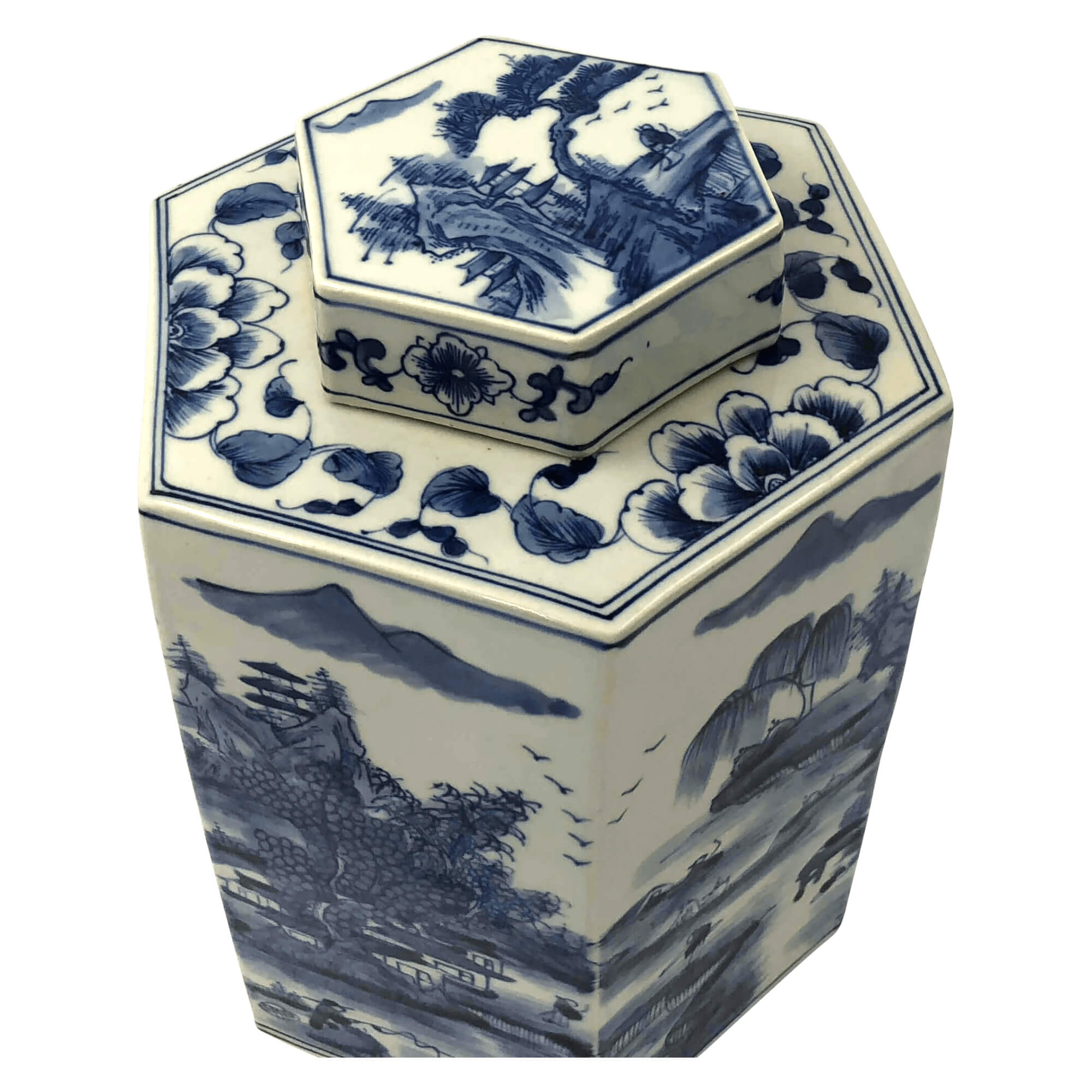 Top view blue and white tea canister floral lid.