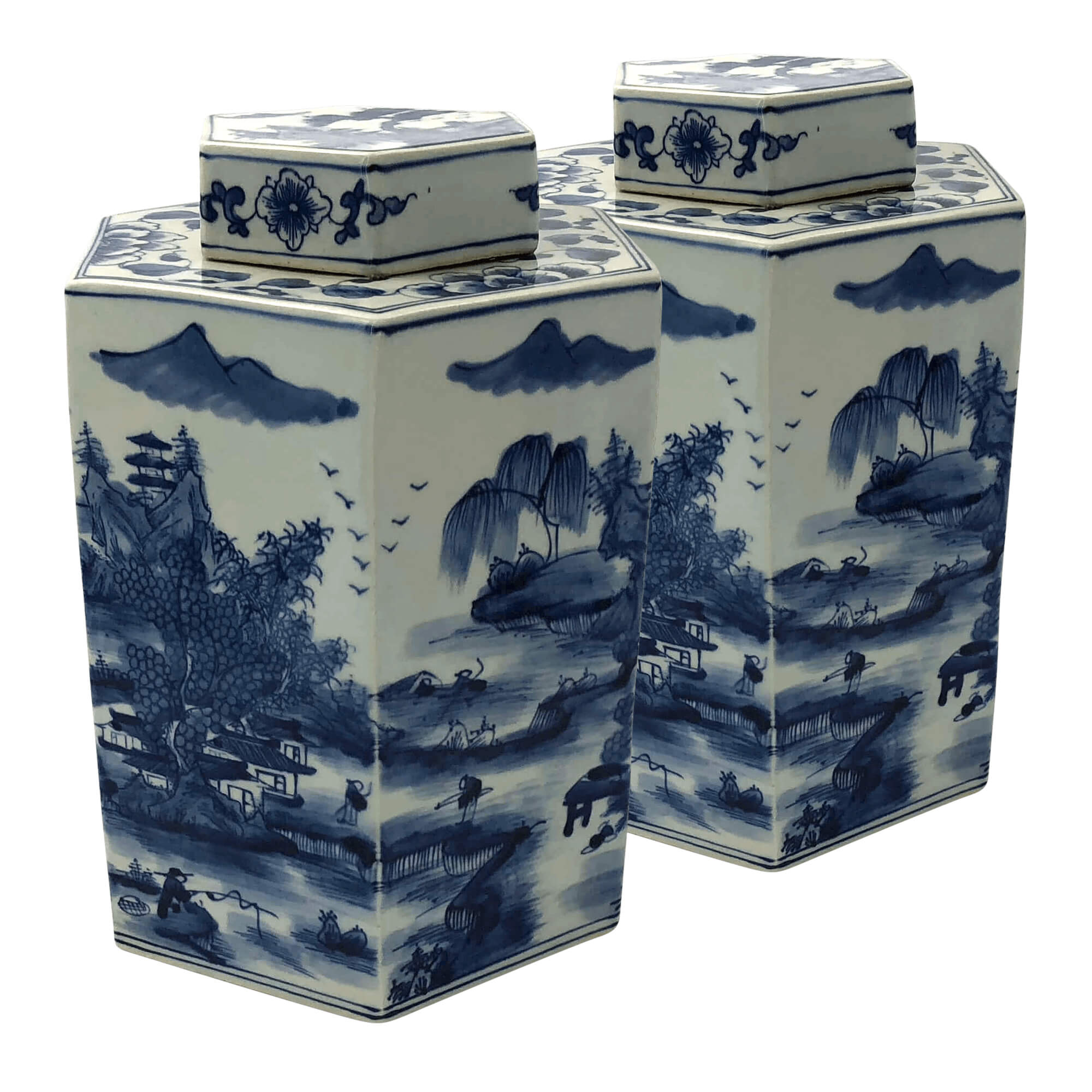 Pair of octagonal blue and white tea canisters.