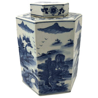 Single blue and white tea canister detailed landscape.