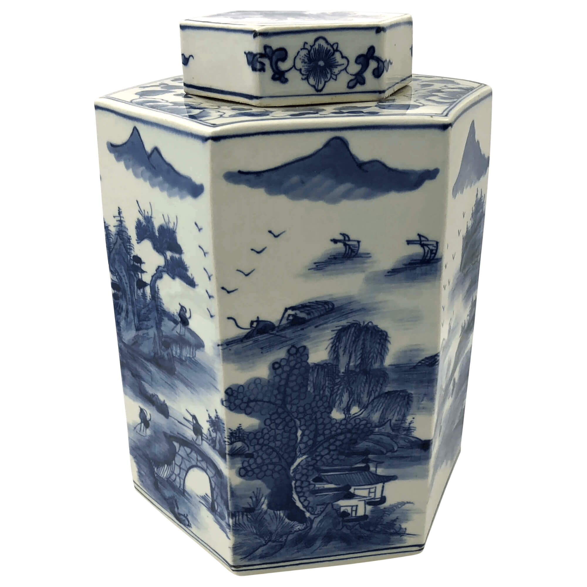 Single blue and white tea canister detailed landscape.