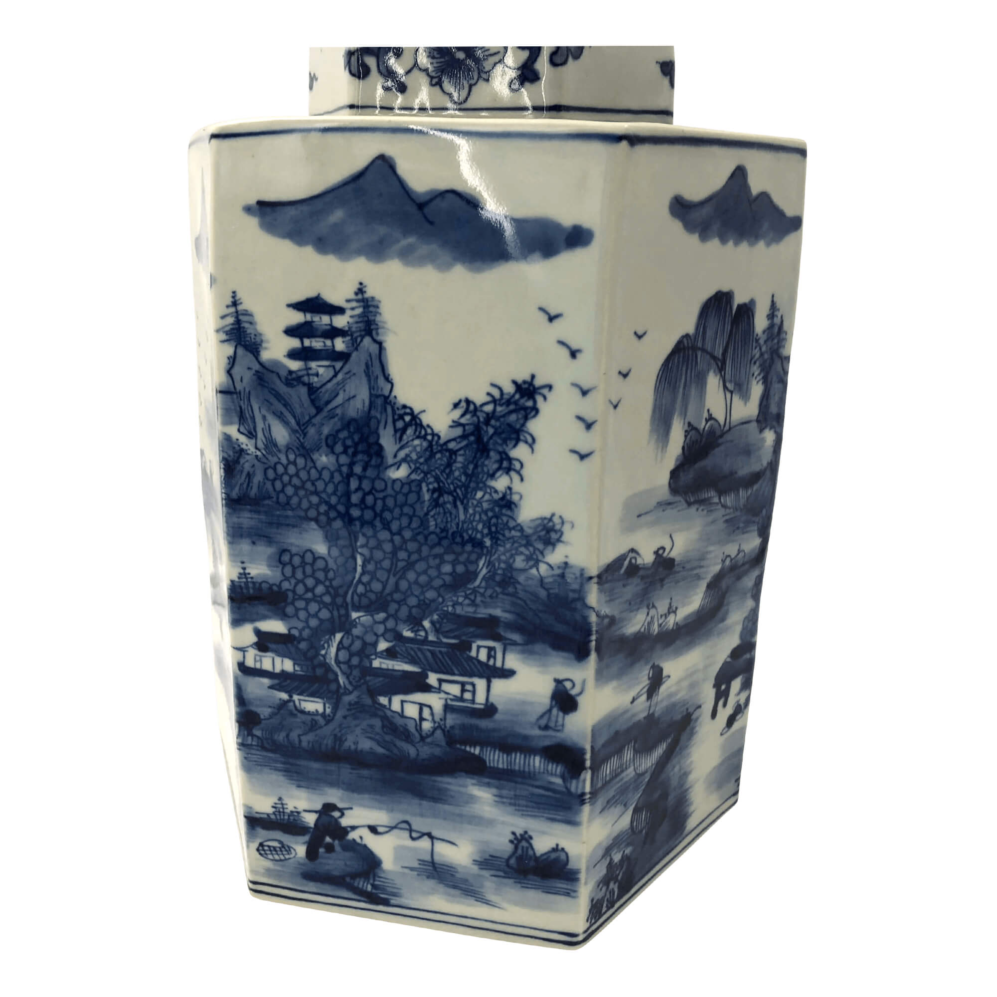 Side view blue and white canister scenic design.