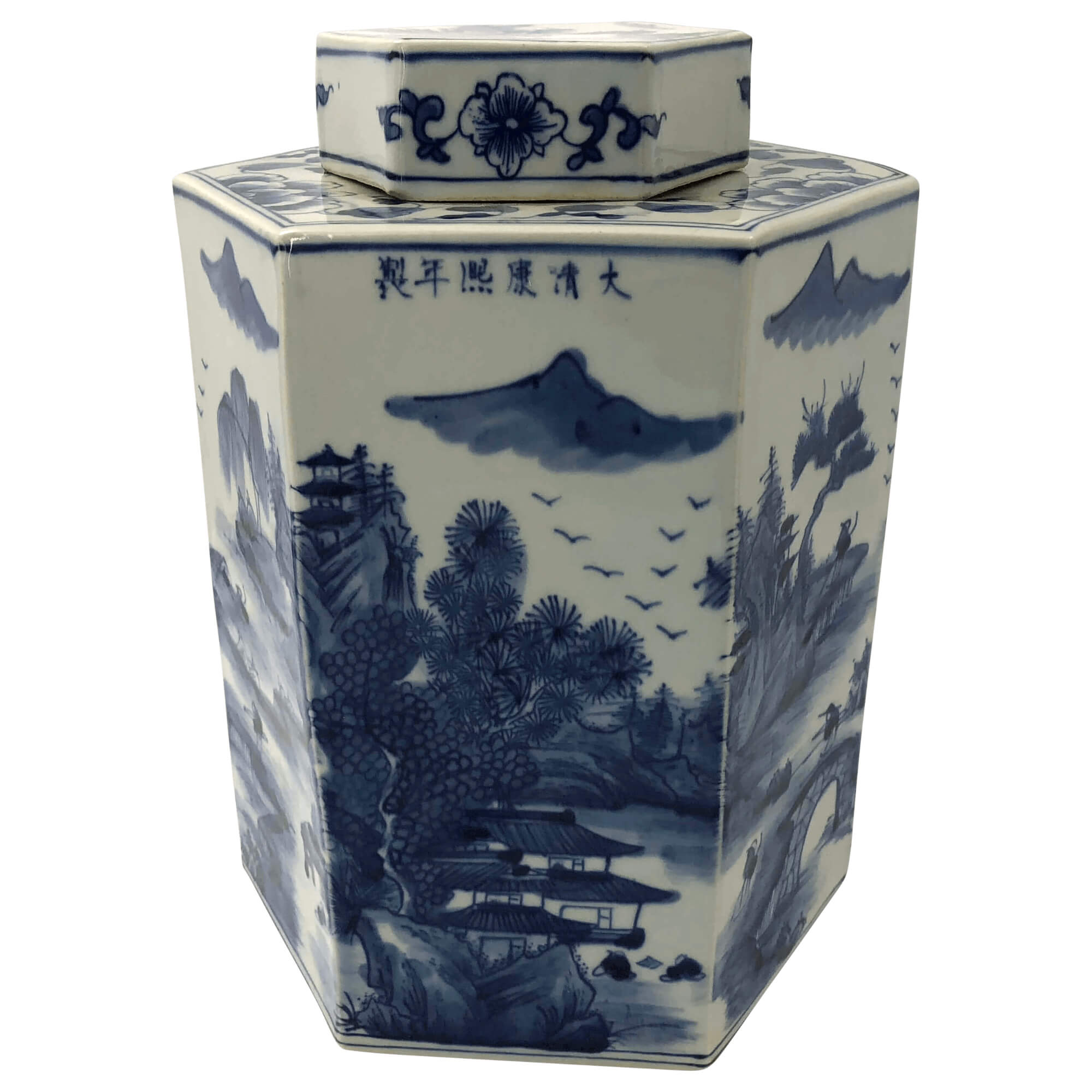 Back view octagonal blue and white tea canister landscape.