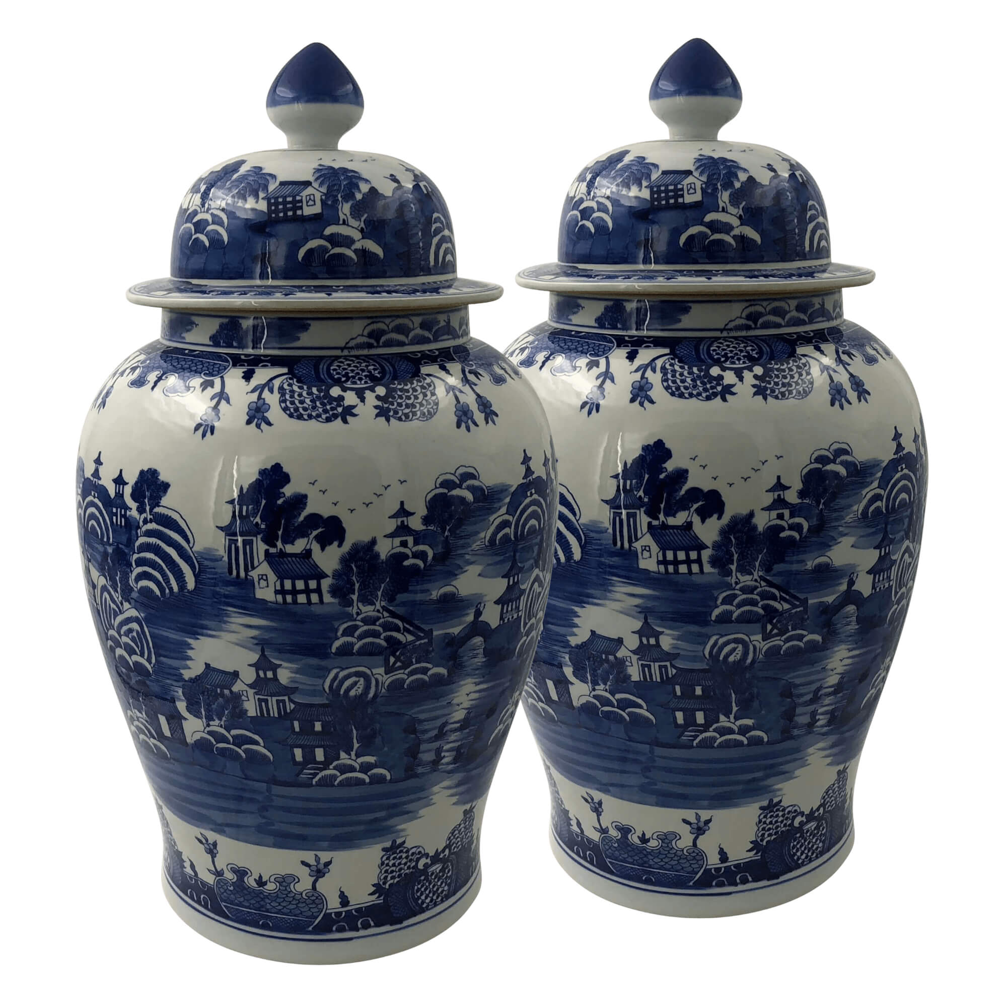 Pair of blue and white ginger jars, full view.