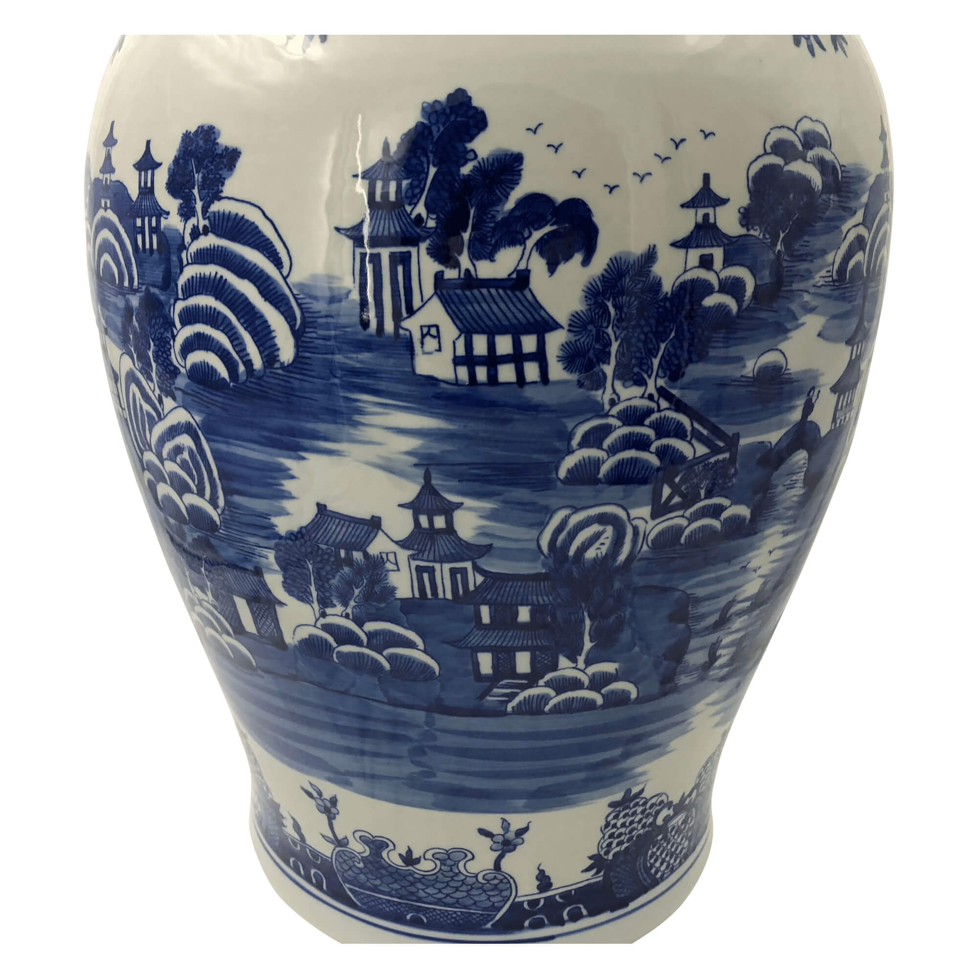 Detailed river scene on ginger jar body.
