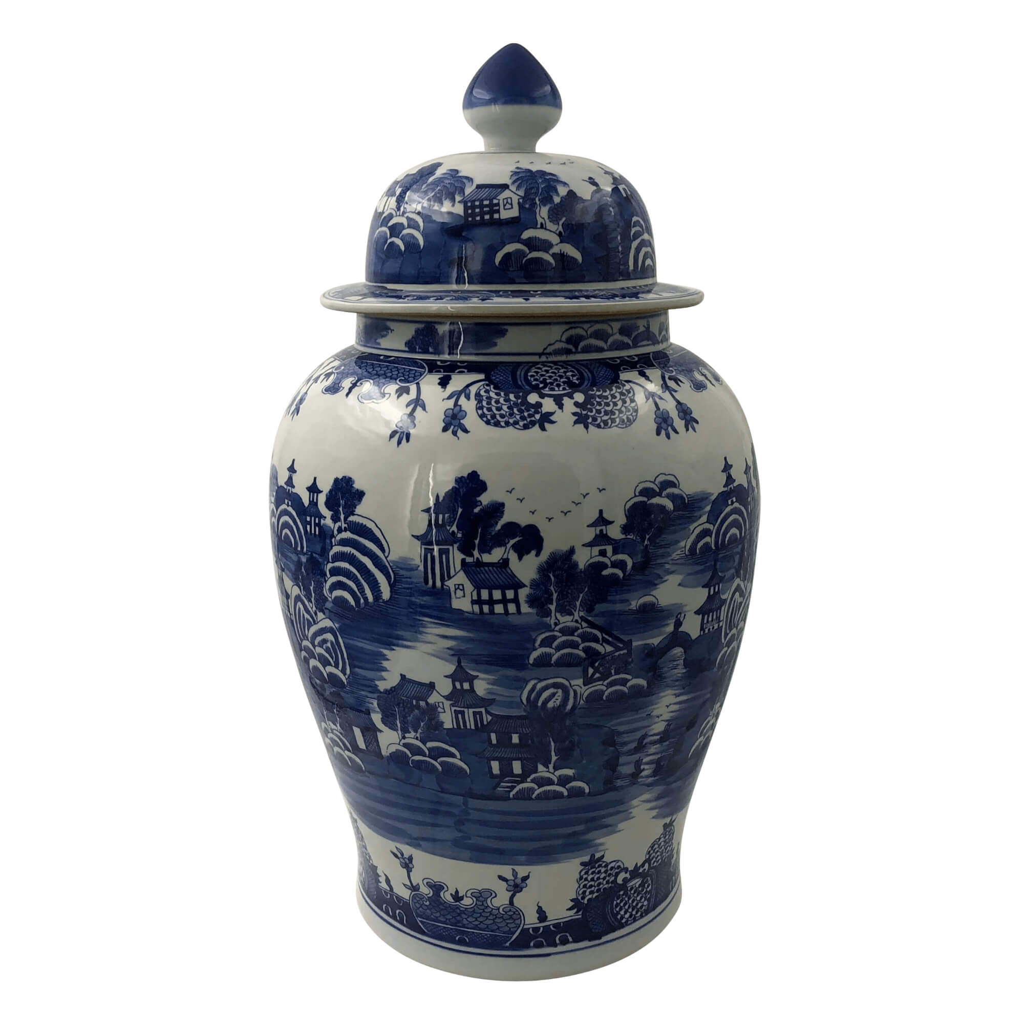 Single blue and white ginger jar, front view.