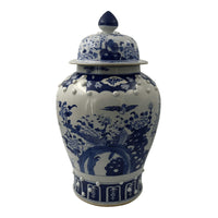 Single Chinese blue and white temple jar, front view.