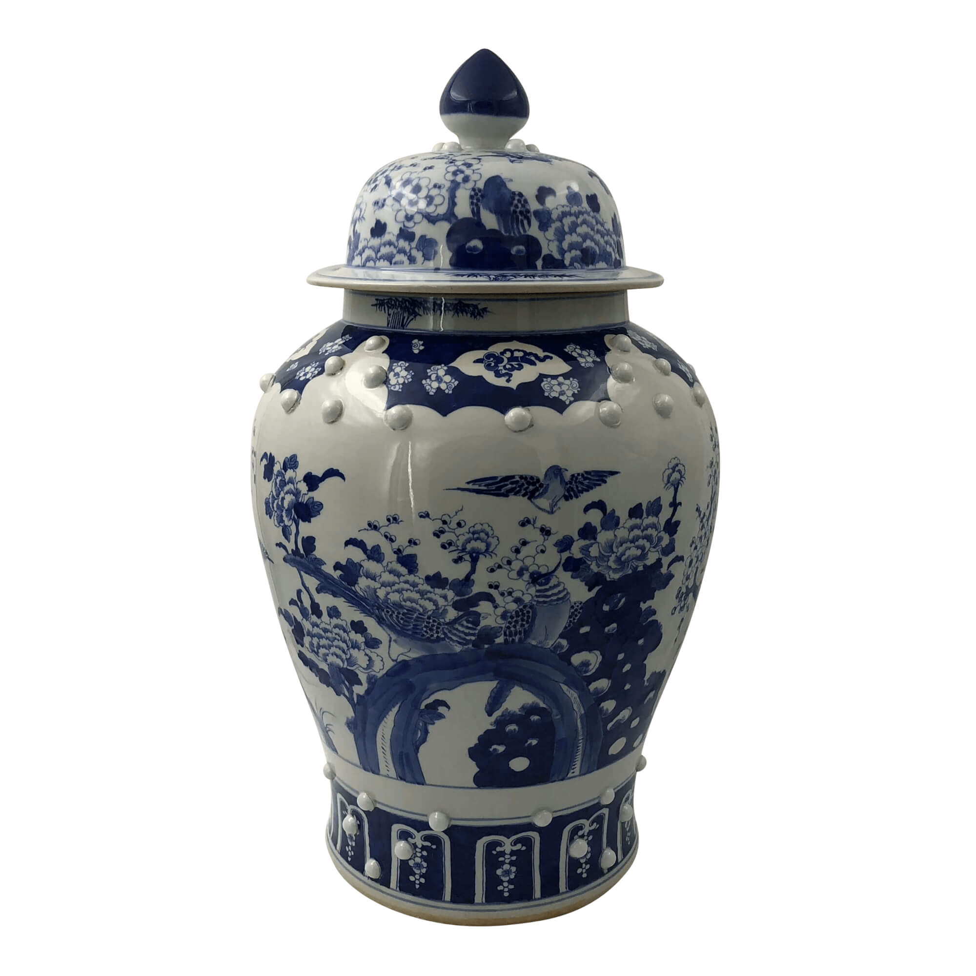 Single Chinese blue and white temple jar, front view.