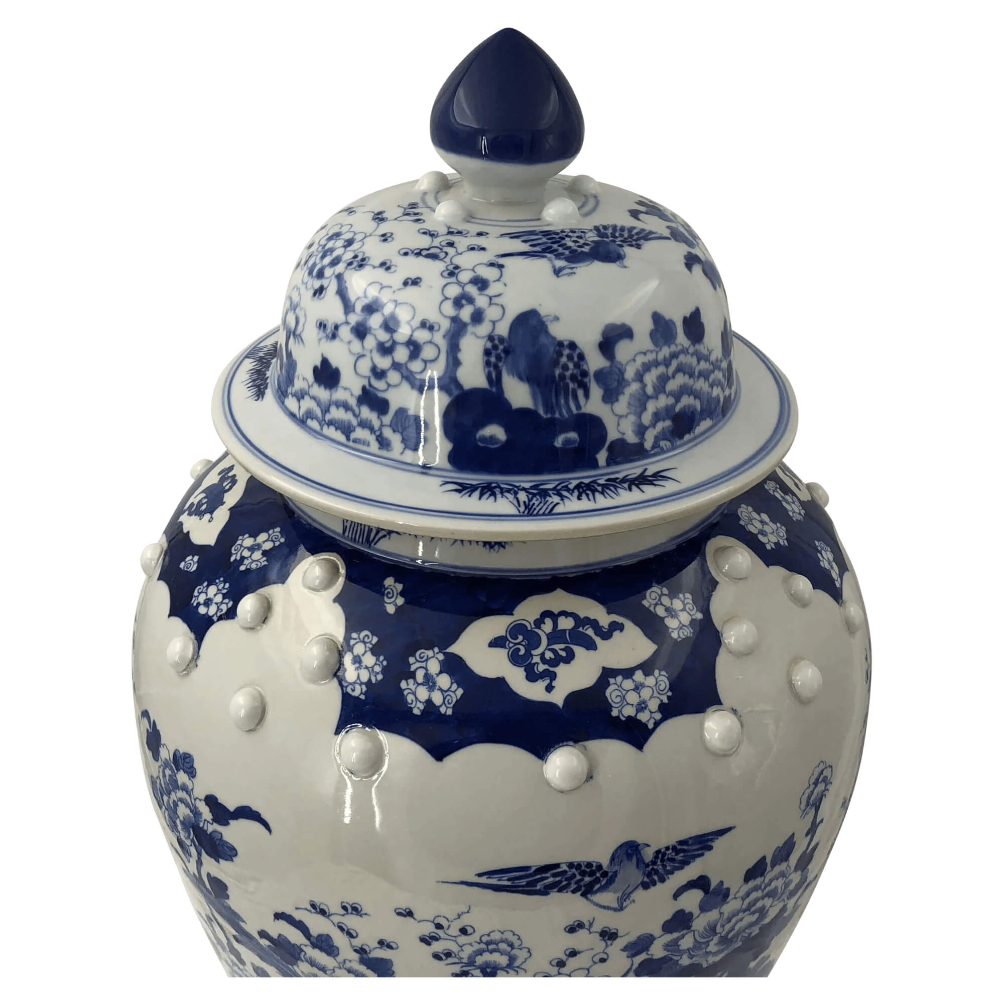 Close-up of lid on Chinese blue and white temple jar.