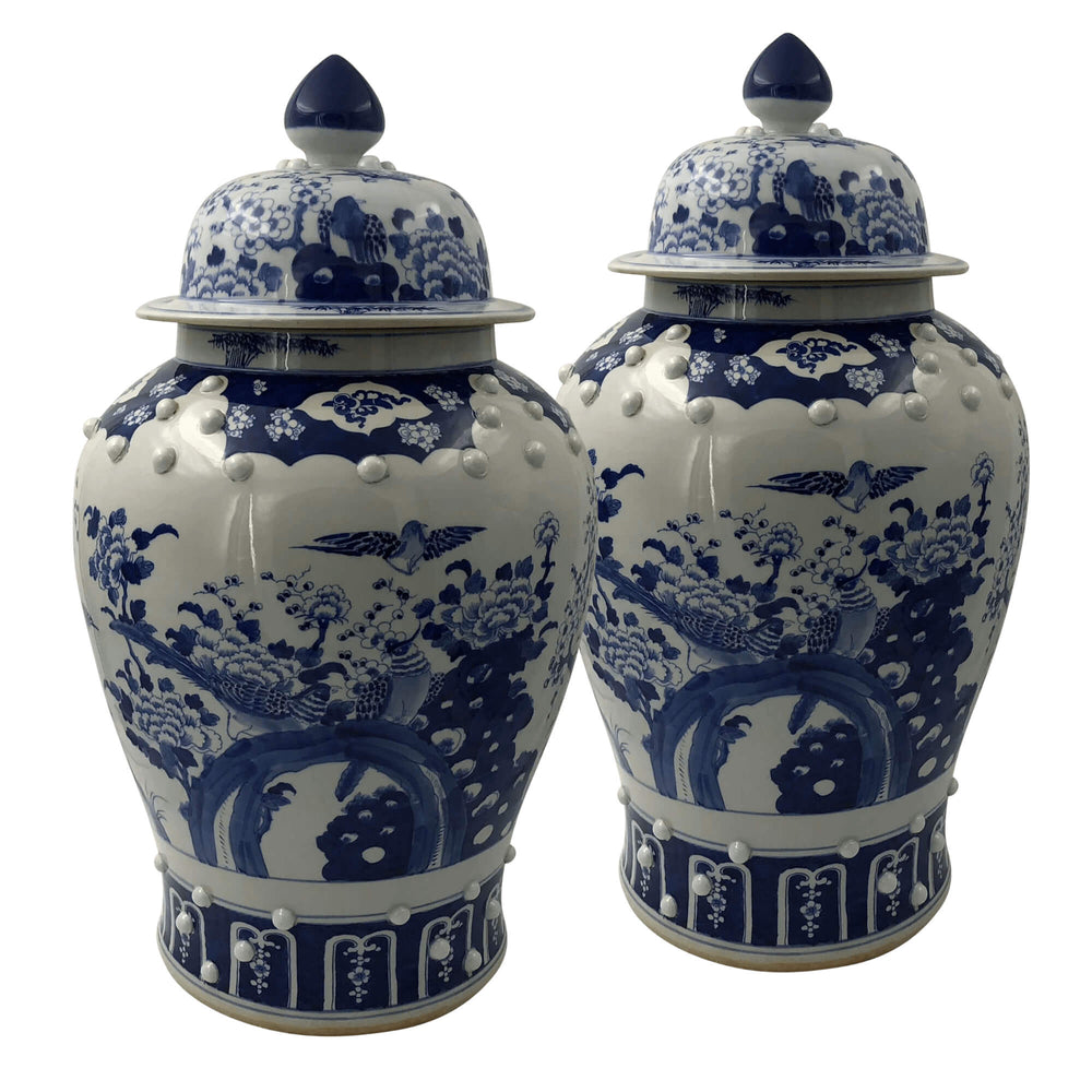Pair of Chinese blue and white temple jars.