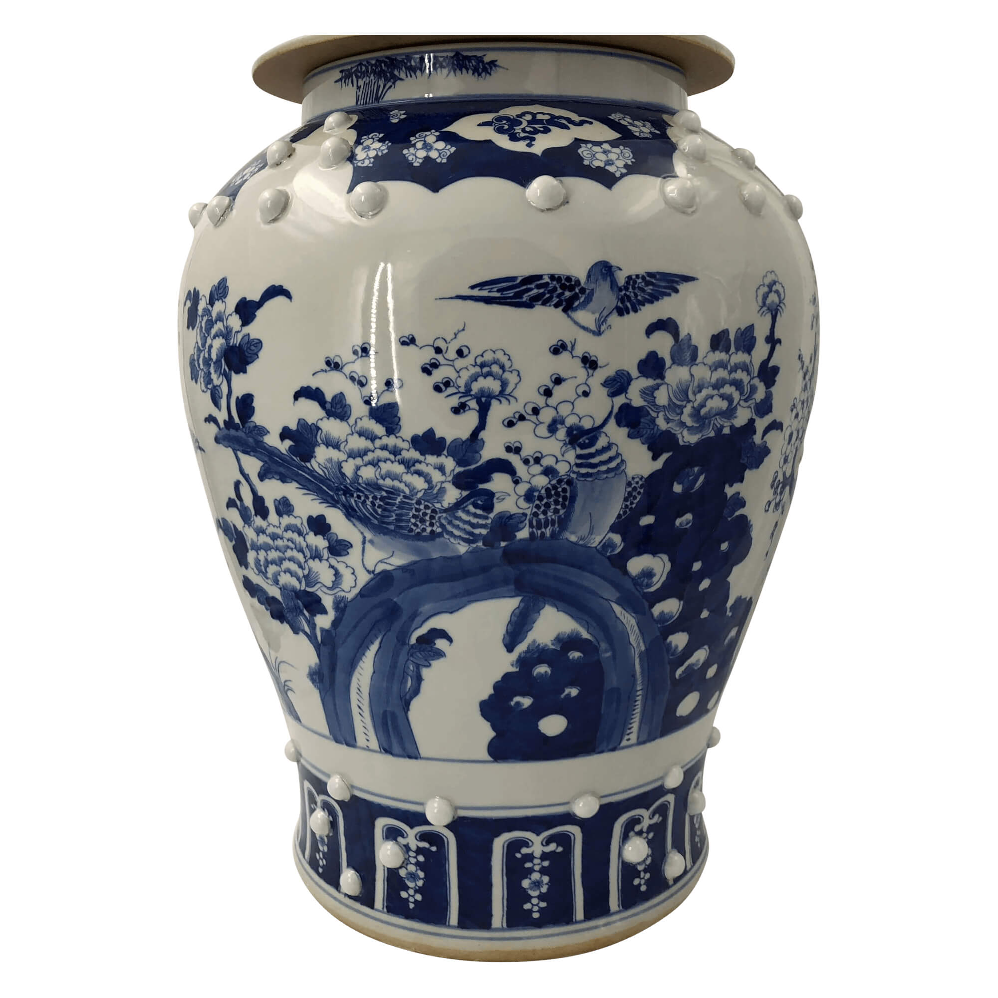 Close-up side of Chinese blue and white temple jar.