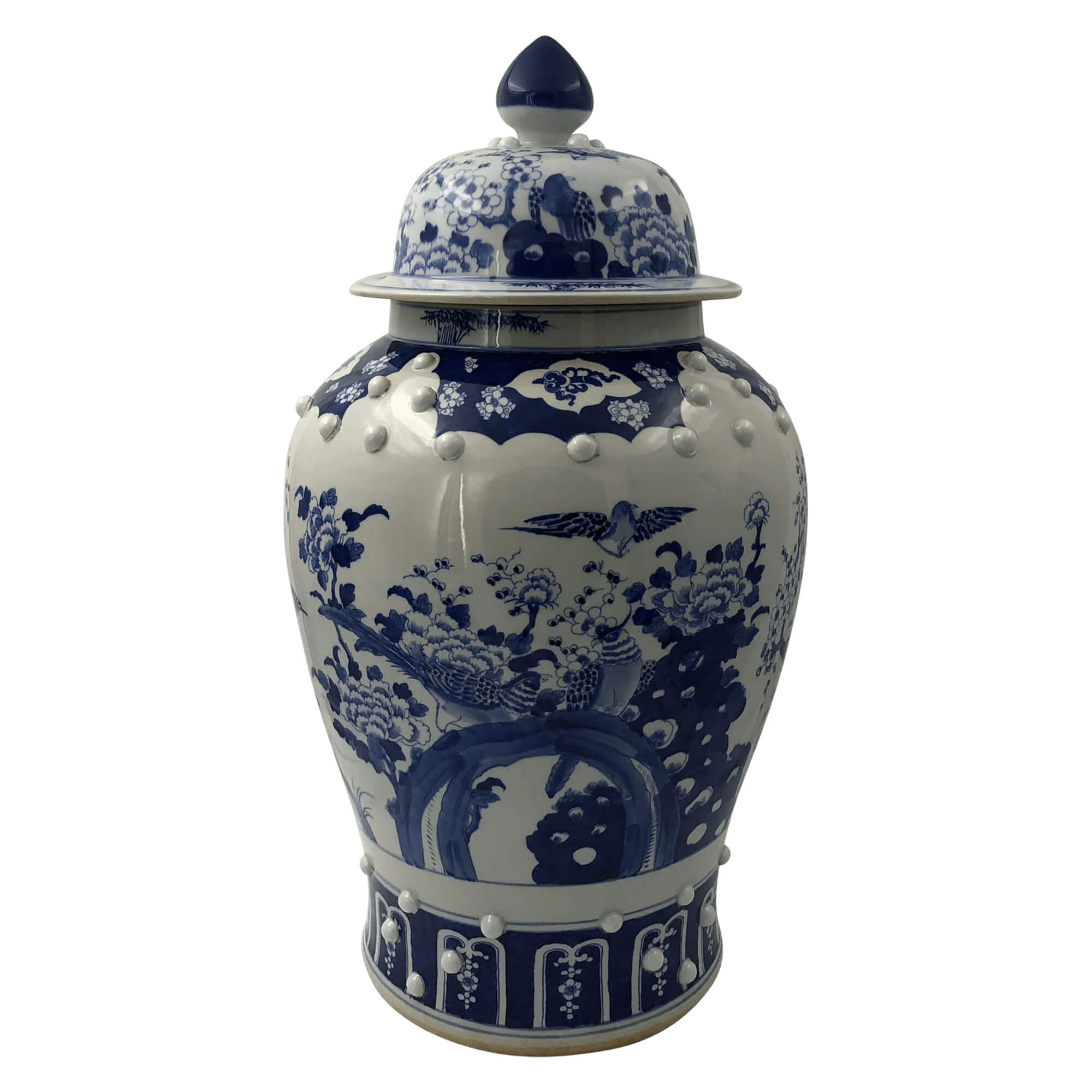 Detailed design on Chinese blue and white temple jar.
