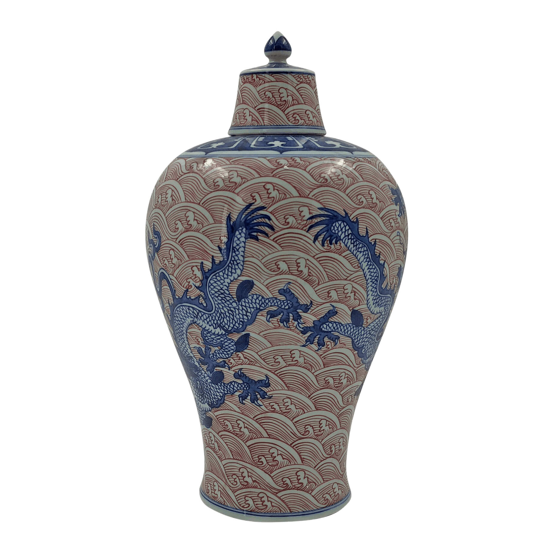 Singular Chinese blue dragon lidded vase, side view.